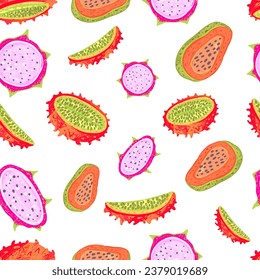 Tropical seamless pattern with papaya, dragon fruit, Melano kiwano. Wild tropics Fruit repeat print on white background