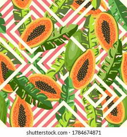 Tropical seamless pattern. Papaya fruit print. Paw paw exotic Summer background. Vegan food, whole and sliced papaya, geometric stripes. Seamless vector illustration