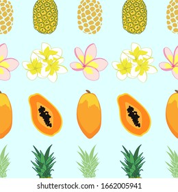 Tropical seamless pattern with papaya, pineapple, and plumeria