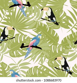 Tropical seamless pattern with parrot and tropical leaves. A parrot. Pattern with birds.