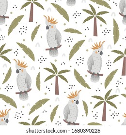 Tropical seamless pattern with parrot and palm.