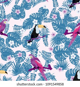 Tropical seamless pattern with parrot and toucan. Background with tropical birds. Bright summer background. Jungle.
