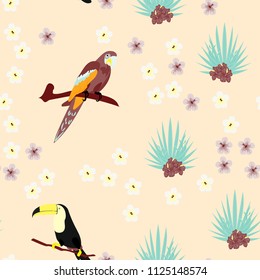 Tropical seamless pattern with parrot, toucan and tropical flowers.