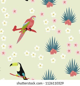 Tropical seamless pattern with a parrot, toucan and tropical flowers and leaves.