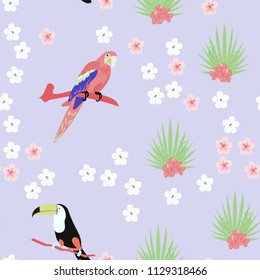 Tropical seamless pattern with a parrot, toucan and tropical flowers and leaves.