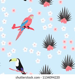 Tropical seamless pattern with a parrot, toucan and tropical flowers and leaves.