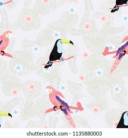 Tropical seamless pattern with a parrot, toucan and tropical flowers and leaves.