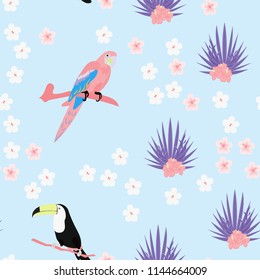 Tropical seamless pattern with a parrot, toucan and tropical flowers and leaves.