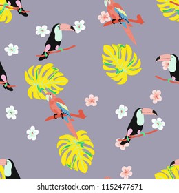 Tropical seamless pattern with a parrot, toucan and tropical flowers and leaves.