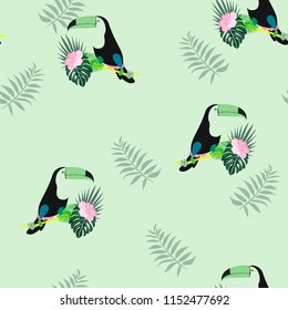 Tropical seamless pattern with a parrot, toucan and tropical flowers and leaves.