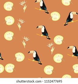 Tropical seamless pattern with a parrot, toucan and tropical flowers and leaves.