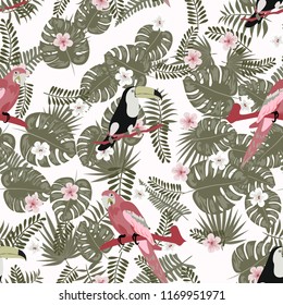 Tropical seamless pattern with a parrot, toucan and tropical flowers and leaves.
