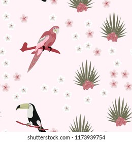 Tropical seamless pattern with a parrot, toucan and tropical flowers and leaves.