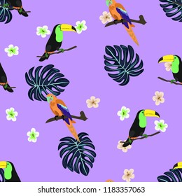 Tropical seamless pattern with a parrot, toucan and tropical flowers and leaves.