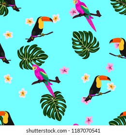 Tropical seamless pattern with a parrot, toucan and tropical flowers and leaves.