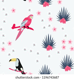 Tropical seamless pattern with a parrot, toucan and tropical flowers and leaves.