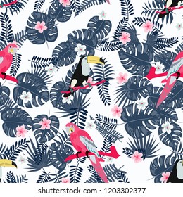 Tropical seamless pattern with a parrot, toucan and tropical flowers and leaves.
