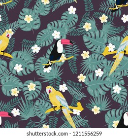 Tropical seamless pattern with a parrot, toucan and tropical flowers and leaves.