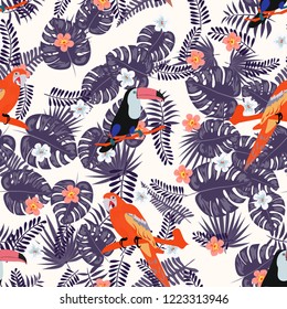 Tropical seamless pattern with a parrot, toucan and tropical flowers and leaves.