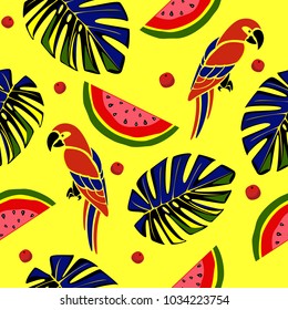 Tropical seamless pattern with parrots and leaves.