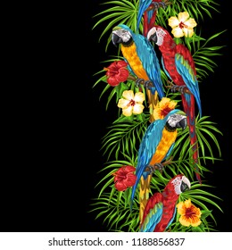 Tropical seamless pattern with parrots. Palm leaves, hibiscus flowers and exotic birds.