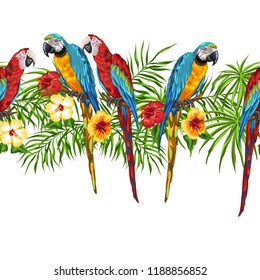 Tropical seamless pattern with parrots. Palm leaves, hibiscus flowers and exotic birds.