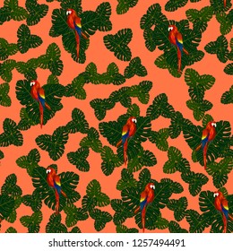 Tropical seamless pattern with parrots and palm leaves. Exotic background with birds.
