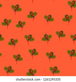 Tropical seamless pattern with parrots and palm leaves. Exotic background with birds.