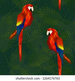 Tropical seamless pattern with parrots and palm leaves. Exotic background with birds.