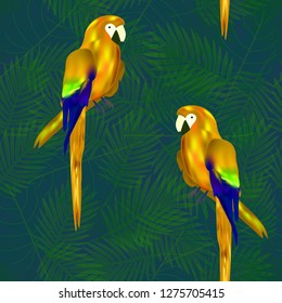 Tropical seamless pattern with parrots and palm leaves. Exotic background with birds.