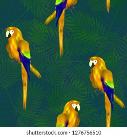 Tropical seamless pattern with parrots and palm leaves. Exotic background with birds.