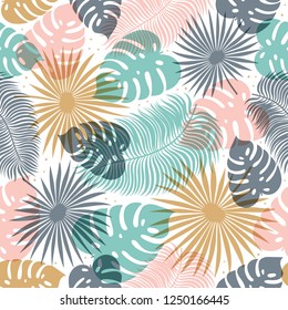 Tropical seamless pattern in pastel colors. Summer tropical design with exotic palm leaves. Monstera, palm, banana leaves. Exotic botanical design. Summer jungle design. Vector illustration.