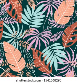 Tropical seamless pattern in pastel colors. Colorful vector background with tropical plants and leaves. Hand draw texture. Vector template. Exotic wallpaper, Hawaiian style.