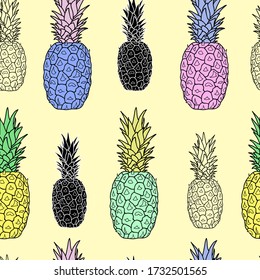 Tropisches nahtloses Muster pastellgrüner, blauer, rosa, gelber, schwarzer und weißer Ananas auf einem sandfarbenen Hintergrund. Entwickelt für den Druck auf Stoff.
