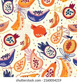 Tropical seamless pattern with pear,peach,dragon fruits,banans,papaya and pomegranate.Vector summer background with fruits.Wrapping paper with summer fruits.