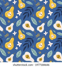 Tropical seamless pattern with pears, exotic flowers and leaves. Hand drawn vector illustration. Summer endless texture for wrapping, textile, fabric design.