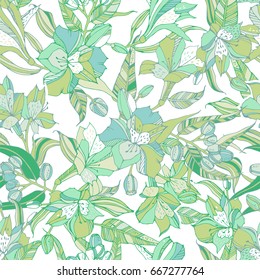 Tropical seamless pattern with peruvian lilies and eucalyptus.