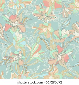 Tropical seamless pattern with peruvian lilies.
