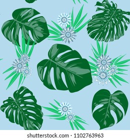 Tropical Seamless Pattern with Philodendron and Daisies. Vector Monstera Leaves and Stylized Flowers Gerbera. Watercolor Effect. Exotic Floral Background. Tropic Seamless Pattern with Jungle Foliage.