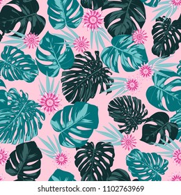 Tropical Seamless Pattern with Philodendron and Daisies. Vector Monstera Leaves and Stylized Flowers Gerbera. Watercolor Effect. Exotic Floral Background. Tropic Seamless Pattern with Jungle Foliage.