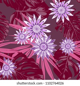 Tropical Seamless Pattern with Philodendron and Daisies. Vector Monstera Leaves and Stylized Flowers Gerbera. Watercolor Effect. Exotic Floral Background. Tropic Seamless Pattern with Jungle Foliage.