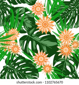 Tropical Seamless Pattern with Philodendron and Daisies. Vector Monstera Leaves and Stylized Flowers Gerbera. Watercolor Effect. Exotic Floral Background. Tropic Seamless Pattern with Jungle Foliage.