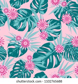 Tropical Seamless Pattern with Philodendron and Daisies. Vector Monstera Leaves and Stylized Flowers Gerbera. Watercolor Effect. Exotic Floral Background. Tropic Seamless Pattern with Jungle Foliage.