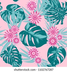 Tropical Seamless Pattern with Philodendron and Daisies. Vector Monstera Leaves and Stylized Flowers Gerbera. Watercolor Effect. Exotic Floral Background. Tropic Seamless Pattern with Jungle Foliage.