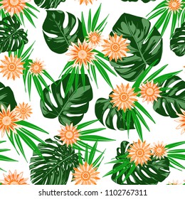 Tropical Seamless Pattern with Philodendron and Daisies. Vector Monstera Leaves and Stylized Flowers Gerbera. Watercolor Effect. Exotic Floral Background. Tropic Seamless Pattern with Jungle Foliage.