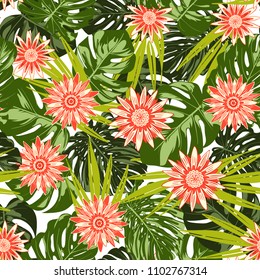 Tropical Seamless Pattern with Philodendron and Daisies. Vector Monstera Leaves and Stylized Flowers Gerbera. Watercolor Effect. Exotic Floral Background. Tropic Seamless Pattern with Jungle Foliage.