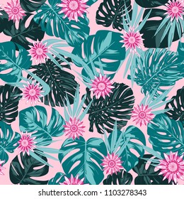 Tropical Seamless Pattern with Philodendron and Daisies. Vector Monstera Leaves and Stylized Flowers Gerbera. Watercolor Effect. Exotic Floral Background. Tropic Seamless Pattern with Jungle Foliage.