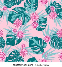 Tropical Seamless Pattern with Philodendron and Daisies. Vector Monstera Leaves and Stylized Flowers Gerbera. Watercolor Effect. Exotic Floral Background. Tropic Seamless Pattern with Jungle Foliage.