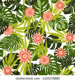 Tropical Seamless Pattern with Philodendron and Daisies. Vector Monstera Leaves and Stylized Flowers Gerbera. Watercolor Effect. Exotic Floral Background. Tropic Seamless Pattern with Jungle Foliage.