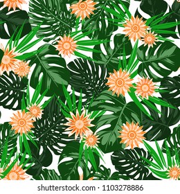 Tropical Seamless Pattern with Philodendron and Daisies. Vector Monstera Leaves and Stylized Flowers Gerbera. Watercolor Effect. Exotic Floral Background. Tropic Seamless Pattern with Jungle Foliage.